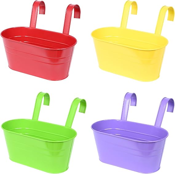 Atoke 4 Pack Metal Hanging Flower Pots for Railing Fence,27.5cm Large Plant Pot Hanging Bucket Pots flower Plant Holder with Detachable Hooks for Balcony Porch Garden Home Decors