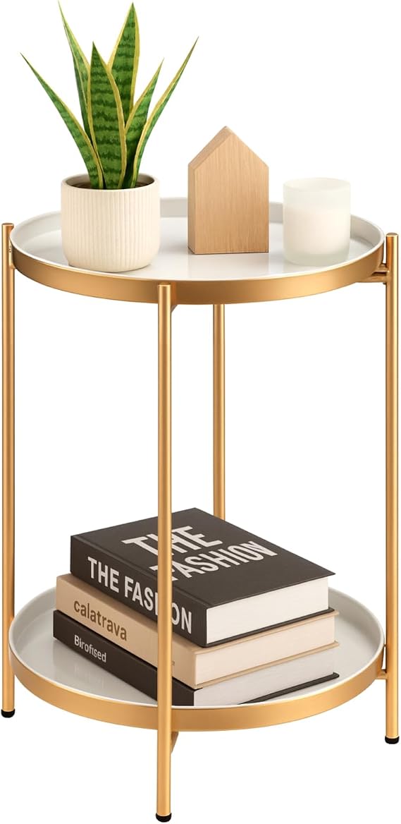 Round Side Table with 2 Tier Storage Modern End Tables Metal End Table with Removable Tray Small Coffee Table for Living Room Bedroom Balcony Patio Space Saving (White)