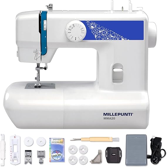 MILLEPUNTI MMA20 First Time Sewing Machine w/ 13 Stitches, 3 Included Feet, Quick Needle Threader & Accessory Kit, for Starters & Seniors, Lightweight and Compact for Home DIY Sewing Projects
