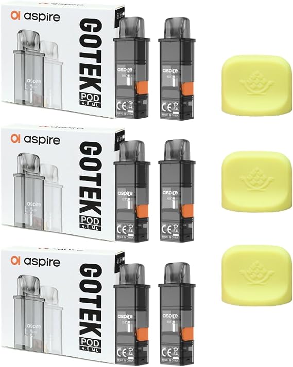 Aspire GOTEK POD Cartridges 3 Box6 Total + GOTEK Compatible Silicone Caps 3pcs Set 0.8Ω, Silicone Cap Yellow