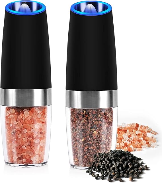Gravity Electric Salt Pepper Mill Set, Electric Salt and Pepper Grinder Set with Adjustable Coarseness One Hand Operated Automatic Switch Spices Shaker for Solid Seasoning Pack of 2