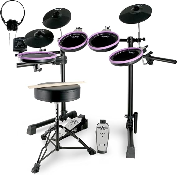 Electric Drum Set Electronic Drum Set for Beginner Electric Drums with Quiet Mesh Pads 20 Drum Set 350 Sounds 2 Pedals Bluetooth Sticks Drum Stool Headphone 6.35mm Audio Cable（Purple）