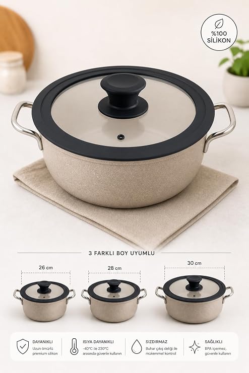 %100 Silikon Tencere Kapağı 26-28-30 cm Uyumlu Universal Cam Kapak Sızdırmaz Isıya Dayanıklı BPA İçermez