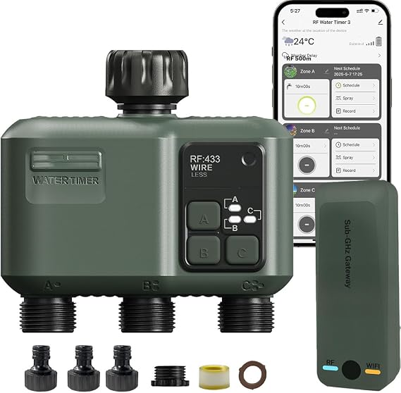 3 Çıkışlı WiFi Sulama Kontrol Ünitesi, RF 433 Teknolojisi 500M, Bahçe Bilgisayar Sulama Zamanlayıcısı, Yağmur Gecikmeli Programlanabilir Bahçe Su Zamanlayıcısı, Otomatik ve Manuel Sulama Modu