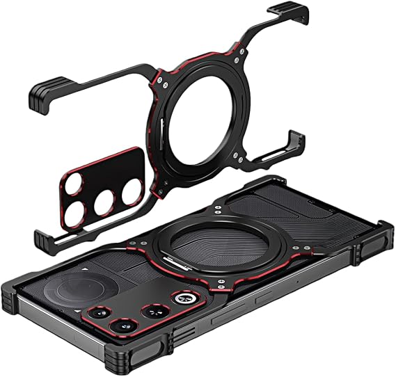 Red Magic 11 Air Bumper Aluminum Ring Stand for Red Magic 11 Air Case Wireless Charging Shock Absorption Heavy Duty Cover Red Black