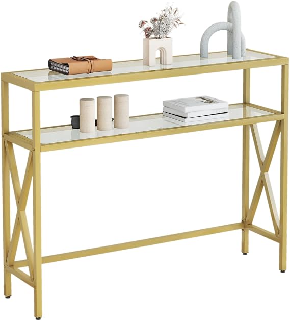 YMYNY Console Table, Tempered Glass Sofa Table, Industrial Entryway Table for Hallway, Narrow Sofa Table with Shelves, Compact Display Table for Small Spaces, Living Room, 100×24.5×80.5CM Gold HGD007G