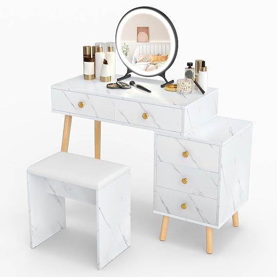COSTWAY Dressing Table with Removable LED Mirror and Stool, Makeup Table Vanity Desk Set with 3-Color Lights, Adjustable Brightness, 5 Drawers, Side Cabinet & Solid Wood Legs for Bedroom, White Marble