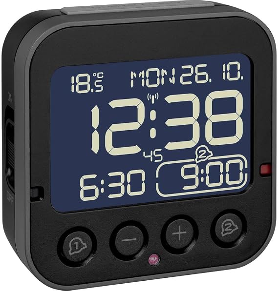 TFA Dostmann Bingo 2.0 Digital Radio-Controlled Alarm Clock, 60.2552.01, Inverted Display, 2 Alarm Alarms, Date and Day of the Week, Includes Thermometer, with Light, No Ticking, Radio-Controlled