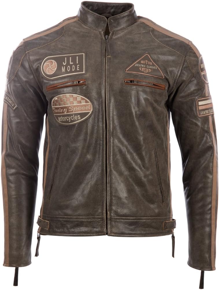 Aviatrix Men's Super-Soft Real Leather Band Collar Patch Fashion Biker Jacket CXUS