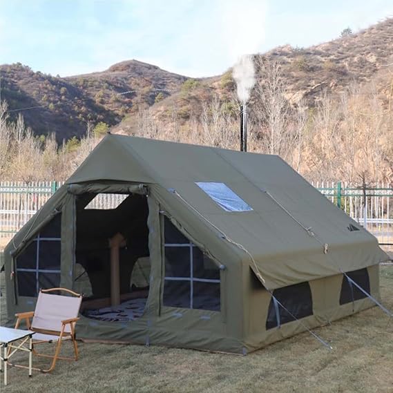 4 Season Waterproof Inflatable Tent, 6-8 Person Glamping Blow Up Tent, With manual air pump and Stove Jack, Waterproof and windproof, Quick to Set up,Green Large