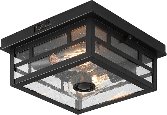 CALOKES Outdoor Flush Mount Motion Sensor Ceiling Light - Timeless Industrial Design with Seeded Clear Glass for Your Porch, Driveway, Covered Patio, Farmhouse, and Entryway, Dusk to Dawn