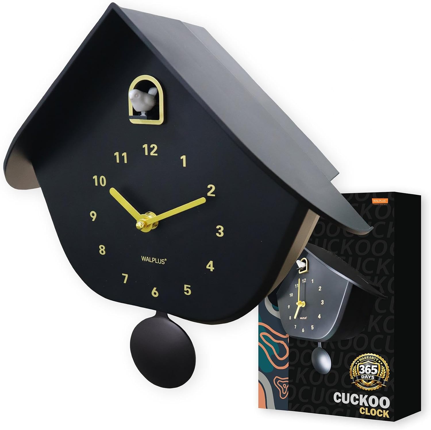 WALPLUS Black Matte Cuckoo Clock 32.5cm with Removable Pendulum, White Bird - Cuckoo Clock