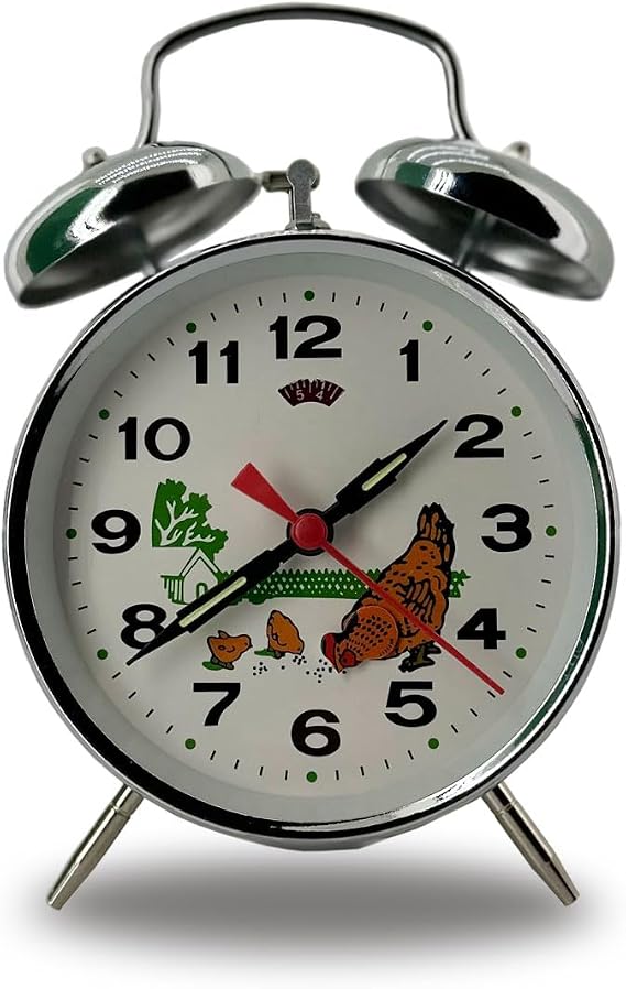 Coverzone Kurmalı Çift Çanlı Çalar Saat Tavuk ve Çiftlik Desenli Nostalji Masaüstü Saat 11x11x6 cm Ebatlarında Dekoratif Yatak Odası Çocuk ve Genç Odası İçin