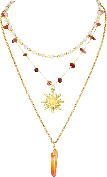 Layered Crystal Sun Necklace, Boho Hippie Summer Beach Necklace