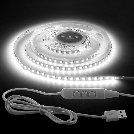 Aclorol LED Strip Light 2M Cool White USB Dimmable LED Strip Light for Bedroom with 1.5M Long Cable Cuttable for Under Cabinets Cupboard Computer Desk Ambient Lighting 5mm Width 6000K [Energy Class F]