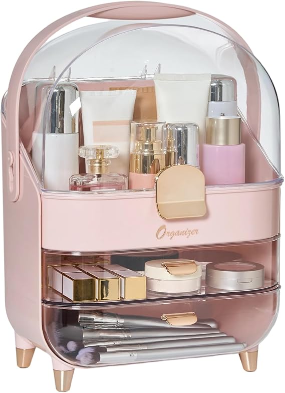 Multifunctional Makeup Organizer Case with Lid Drawers 3-Layer Desktop Cosmetic Storage Box with Waterproof Transparent Cover & Handle for Dresser Bathroom Countertop 27x18.2x36.5cm(pink)