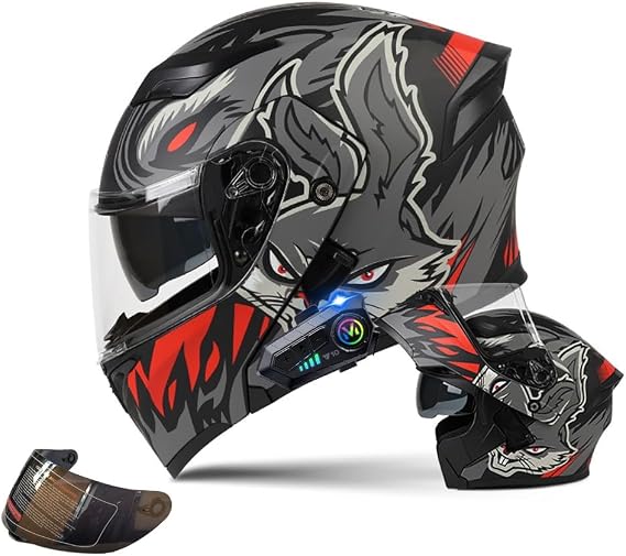 Motorcycle Modular Helmet with Bluetooth Full Face Flip Up Motorbike Helmet with Anti-Fog Dual Visor ECE Approved Crash Helmets Built-in Dual Speaker Microphone for Adult Men Women