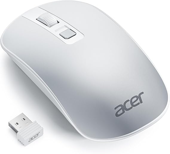 Acer Wireless Mouse, Computer Mouse Wireless with 2.4GHz USB Receiver, 1600 DPI Portable Ultra-Slim Mice with 4 Buttons, Lightwight, Compatible with Laptop, MacBook, Desktop, PC - Silver