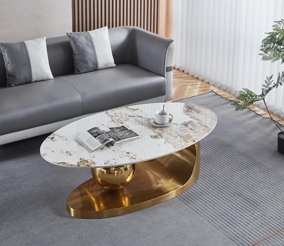 Modern Oval Coffee Table with Sintere Stone Marble Effect Top, Metal Base, Living Room Furniture (Gold)