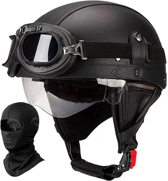 German Leather Motorcycle Half Helmet for Adults Men Women, Vintage, Half Shell Helmet ECE Approved Half Face Helmet with Goggles and Visor, for Bicycle Cruiser Scooter Chopper