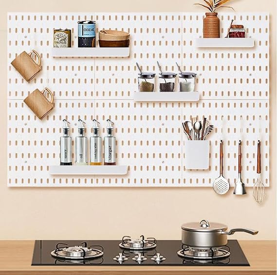 6Pack White Pegboard 28x28cm Modular Display Peg Board Combination Kit,Wall Hanging Storage Shelf No Drilling Organizer Panels for Kitchen Office