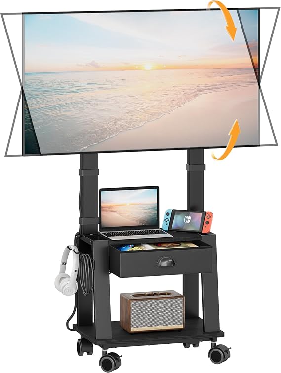 引き出し付きモバイルテレビスタンド 23~72インチのテレビ用 キャスター付きポータブルローリングテレビスタンド 寝室/リビングルーム用の棚2つ付き 最大220ポンドまでの高さ調節可能 傾斜 VESA 600x400mm