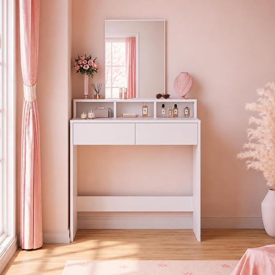 ELEGANT Dressing Table with Mirror and 2 Drawers, White Makeup Vanity Desk for Bedroom, Vanity Table Set with 3 Open Storage Compartments, Small Dressing Table, 40D x 80W x 140H cm, White
