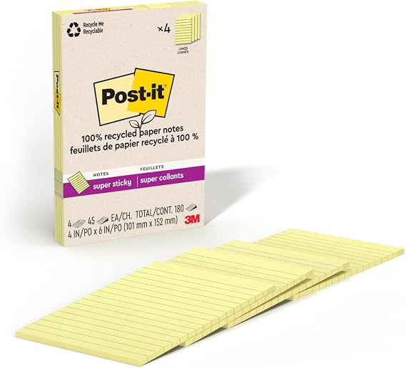 Post-it%100 Geri Dönüşümlü Kağıt Süper Yapışkan Notlar, 2X Yapıştırma Gücü, 4x6", Astarlı, 4 Ped/Paket, 45 Yaprak/Ped, Kanarya Sarısı (4621R-4SSCY)