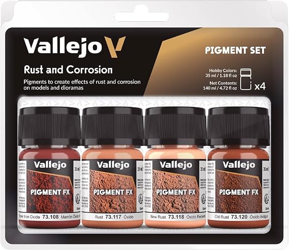 Vallejo Pigment FX Set, 4 Synthetic Colors for Oxidation and Corrosion Effects, 35 ml Each, Includes Tutorial for Models and Dioramas