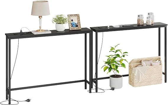 VERMESS 200 * 80 * 15cm Console Table with Charging Station, Height-Adjustable Slim Behind Sofa Table, Long Behind Couch Table with USB Ports, for Hallway, Living Room and Office, Black