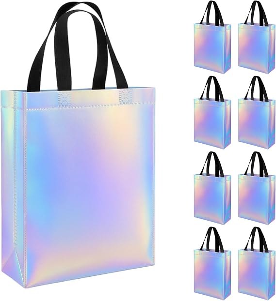 8 Pcs Glossy Iridescent Party Bags - Reusable Luxury Gift Bags with Sturdy Handles & Base for Girls Birthday, Frozen-Themed Parties, Christmas, Wedding Favours & Shopping