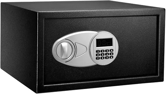 Amazon Basics Steel Security Safe with Digital Keypad - Secure Money, Cash, Jewelry, ID Documents, 28 Litres, 43 cm W x 37 cm D x 23 cm H, Black