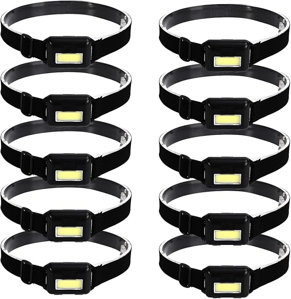 POCKETMAN Pack 10 LED Headlamp COB Super Bright Lightweight Headlight Waterproof Head Torch Lamp for Outdoor Camping Lighting Night Running Emergency (Black, 10) [Energy Class A]