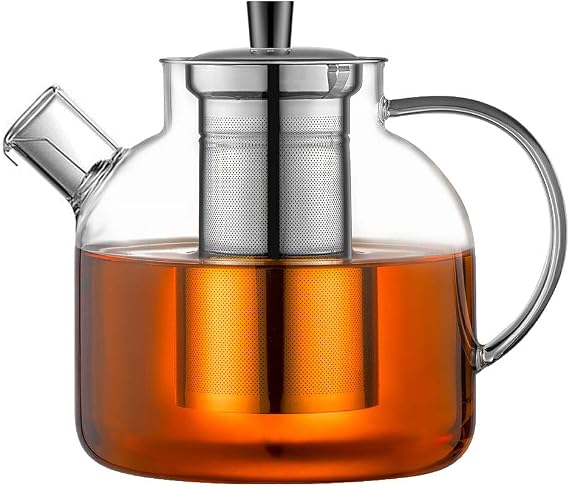 Glass Teapot, 1500ml Stovetop Safe Tea Kettle with Infuser Borosilicate Glass Water Jug Clear Tea Pot Maker for Loose Leaf Tea, Hot/Iced Water, Juice Beverage