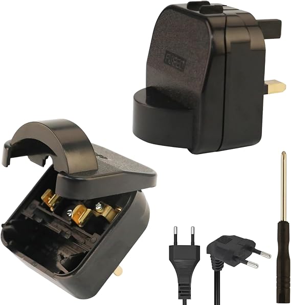 2 Pack EU to UK Plug Adapter with 13A Fuse, 2 Pin to 3 Pin Adapter Plug UK, Converter Plug EU to UK For Type E/F, Toothbrush Adapter Plug with Screwdriver, Black