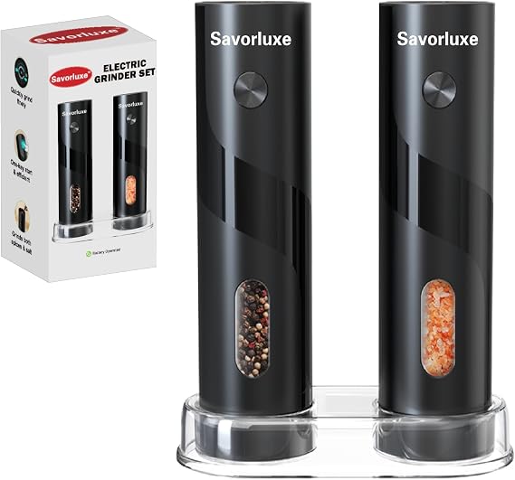 Electric Salt and Pepper Grinder Set,Top-Refill,Black Savorluxe