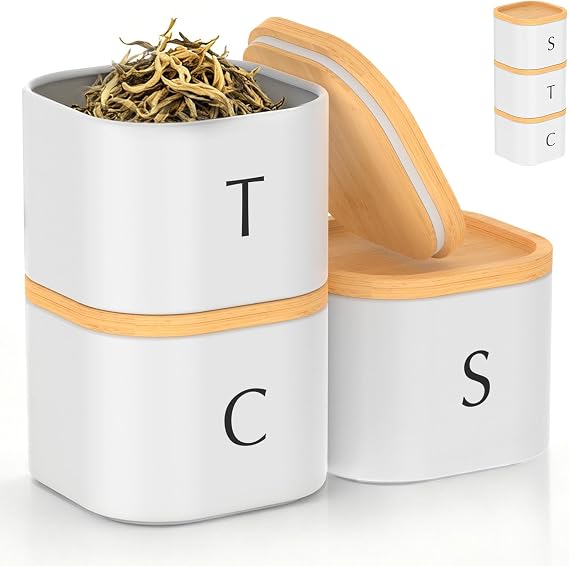 Tea, Coffee, Sugar Canister Set, 3 Pack Stackable Airtight Food Storage Jar with Bamboo Lid, Lightproof Metal Kitchen Storage Tins for Home, Countertop(White)