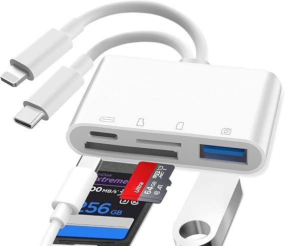 SD Card Reader for iPhone, Lightning to SD Card Reader, Camera Adapter to iPhone, S-D to i-Phone Adapter, 4 in 1 S-D R-eader for i-Phone 16,15,14, iPad, MacBook