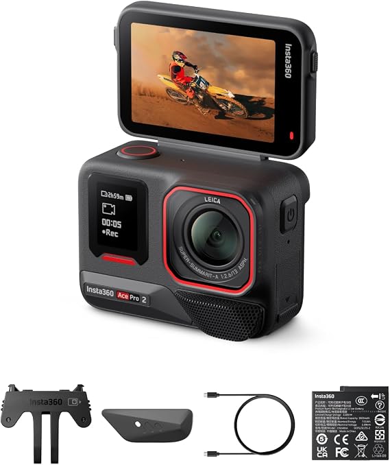 Insta360 Ace Pro 2 - Co-developed with Leica, waterproof 8K action camera. 1/1.3 inch sensor, dual AI chips, low-light performance, audio, flip screen & AI editing, perfect for vlogs and motorcycles