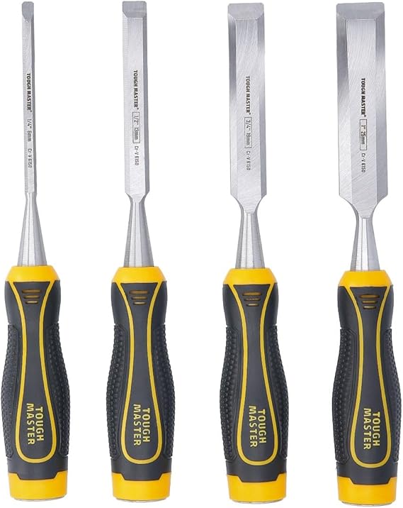 TOUGH MASTER Carving Chisel Set, 4 Piece Wood Carving Bevel Edge Chisel Tools, Carbon Steel, Strong Grip, ¼” 6mm, ½” 13mm, ¾” 19mm, 1” 25mm with Blade Tip Covers