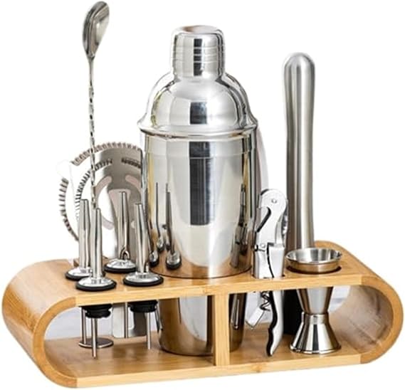 Cocktail Shakers Set, Cocktail Making Tool Kit with Wooden Display Stand, Cocktail Shakers Professional Bartender Kit Accessories for Home & Bar(550ML)