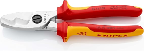 Knipex kablo makası, çift kesici kenarlı, krom kaplamalı, çok bileşenli manşonlarla izole edilmiş, VDE onaylı 200 mm 95 16 200