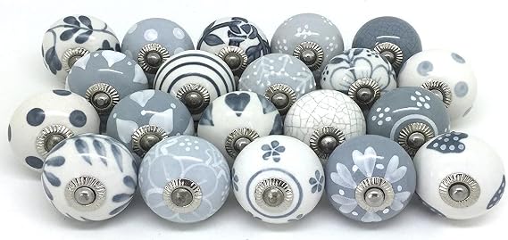 Hand Painted Ceramic Cupboard Drawer Knobs 20 Pieces Grey & White Knobs