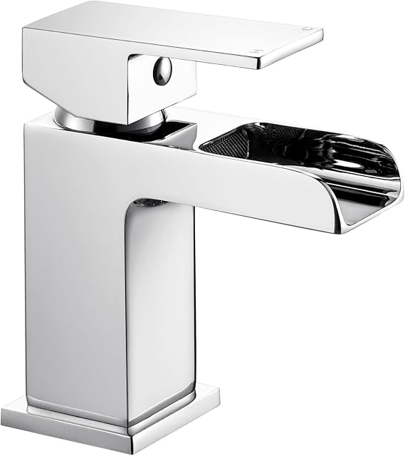 Hapilife Basin Taps Mixers Waterfall Bathroom Sink Mixer Tap Square Monobloc Chrome Cloakroom Faucet with G1/2’’ Hoses Mono 1 Hole Single Lever Semi-Open Spout Modern