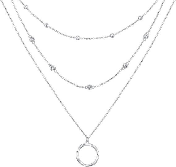 サークルレイヤードネックレス 女性用 S925スターリングシルバー ジルコンチェーン サークル レイヤードネックレス 女性用 3層 上品なネックレス 女性用 ジュエリー, スターリングシルバー, キュービックジルコニア