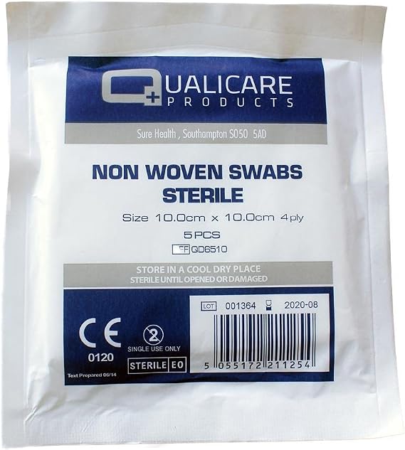 Qualicare Non Woven Sterile Swabs (5 Packs of 5 Pouches of swabs) - 10cm x 10cm