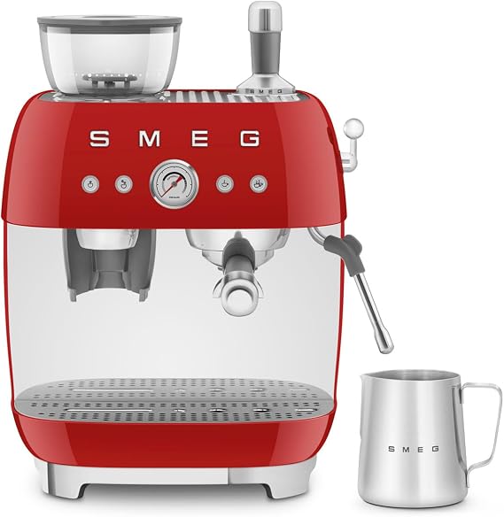 Smeg EGF03RDUK Espresso Coffee Machine, 20 Bar Pump, 2.4L, 1650W with Grinder, Red