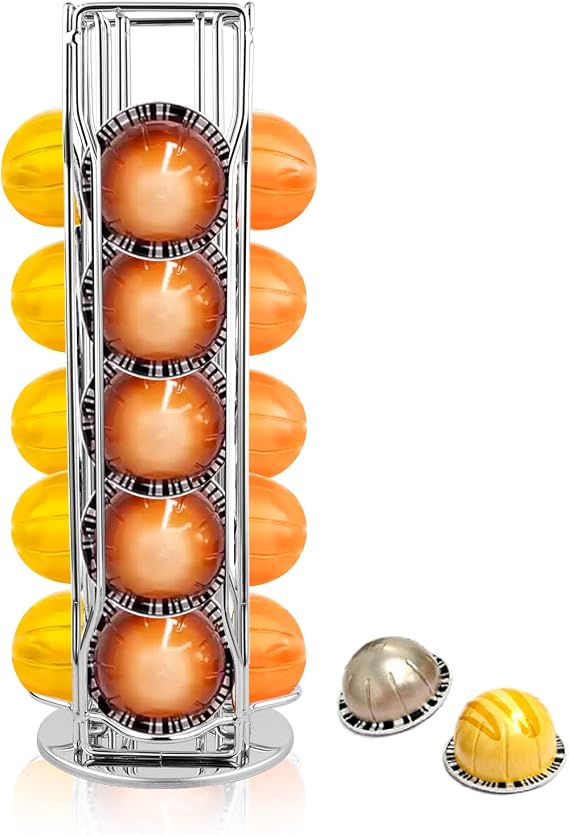 Coffee Pod Stand Holder for Nespresso Vertuoline 20 Pods Coffee Bar Vertuo Pod Organizer Rack Holds 360° Rotatable Coffee Capsules 20 Pods Holder Spinner for Nespresso Vertuo Line Silver