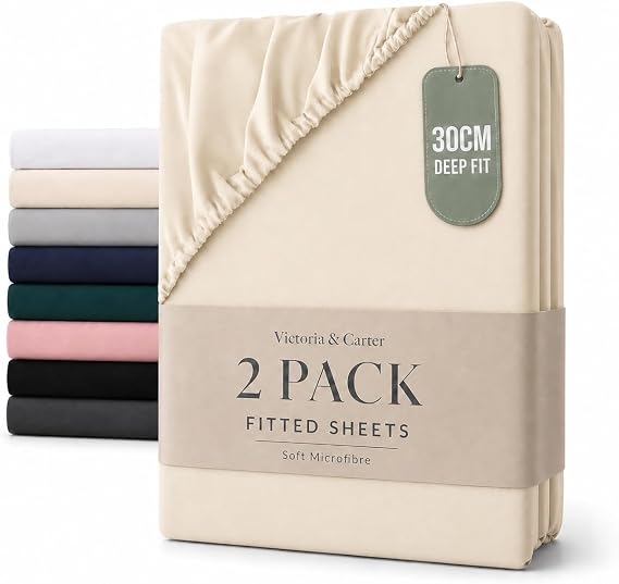 2 Pack Double Fitted Sheet (30cm) - Ultra Soft Microfibre Bed Sheets, Elasticated Corners, Shrink and Fade Resistant, Wrinkle-Resistant, Breathable for Double Beds (Double, Cream)