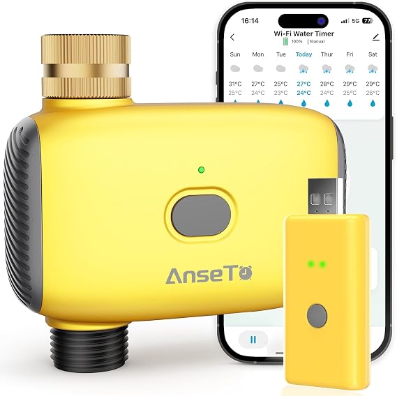 Irrigation Timer WiFi Water Timer,Yellow Water Timers for Irrigation Compatible with Alexa and Google Home, Automatic Watering System for Garden/Pool/Greenhouse/Potted Plants | 1 Outlet Brass Inlet Faucet Controller with Rain Delay and Manual Mode, Intelligent Irrigation System for Lawn Yard Garden